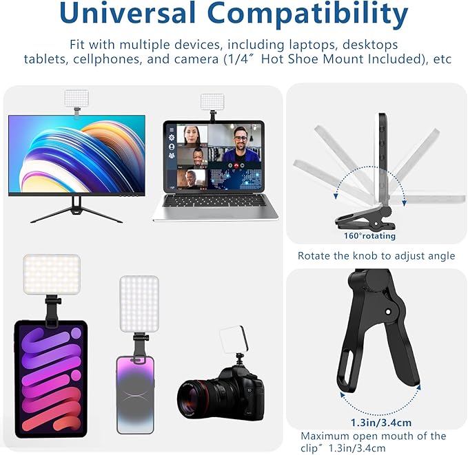 60 LED Portable Selfie Light Video Conference Lighting with Clip & Camera Tripod Adapter Rechargeable 2200mAh CRI 97+, 3 Light Modes for Phone iPhone Webcam Laptop Photo Makeup - Image 6
