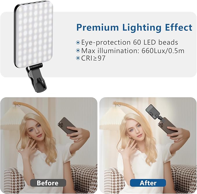 60 LED Portable Selfie Light Video Conference Lighting with Clip & Camera Tripod Adapter Rechargeable 2200mAh CRI 97+, 3 Light Modes for Phone iPhone Webcam Laptop Photo Makeup - Image 4